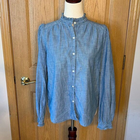 Gap Chambray Ruffle Collar Button Cotton Blouse Top Small - Picture 2 of 8